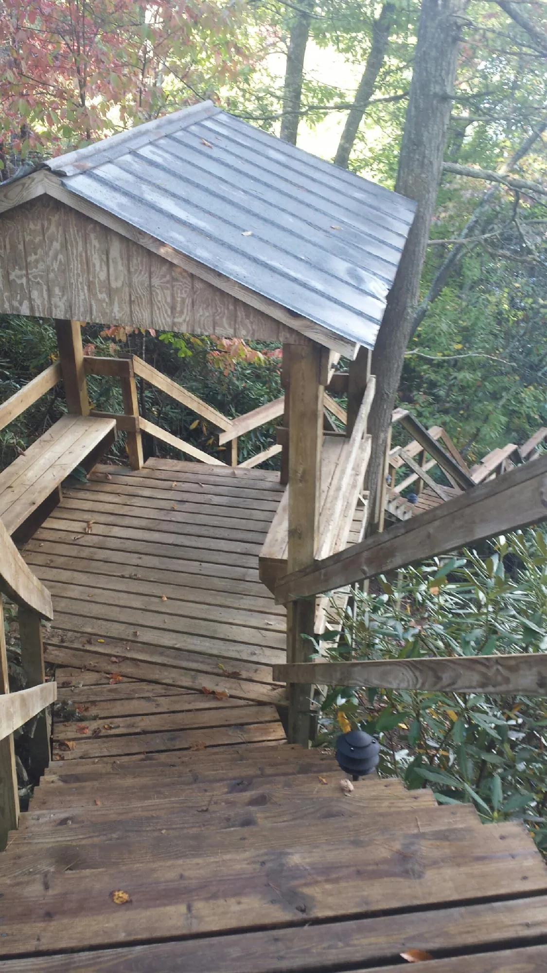 Metal roofed shelter over wooden steps on a wooded walkway — Skylight Repair & Installation work by our crew in Parkers Lake